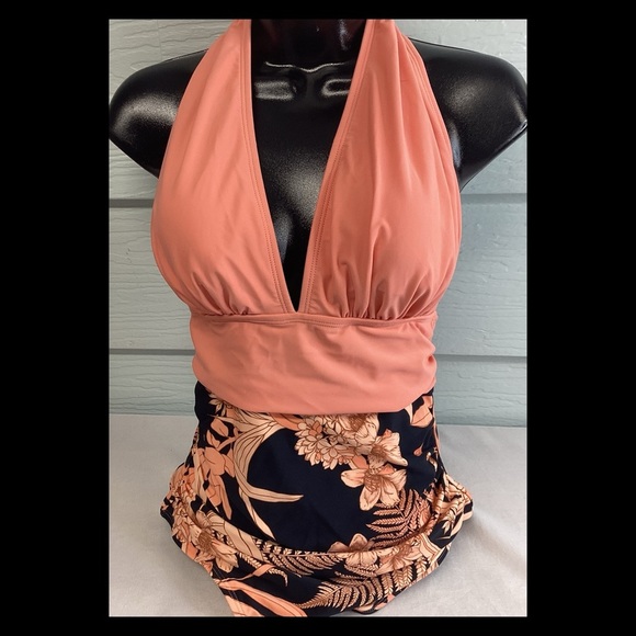 Peach top floral bottom one piece swimsuit. - Picture 6 of 6